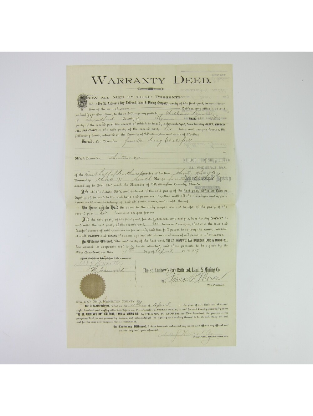 1887 St. Andrew’s Bay Railroad Land & Mining Co Florida Land Warranty Deed Fraud